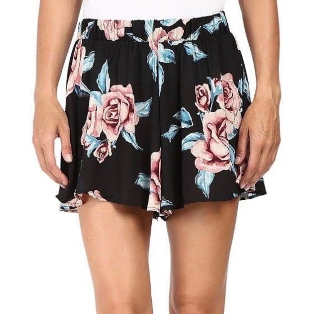 Womens Black Pink Floral Wide Leg Flowy Shorts Elastic Waist Skort Style Boho M